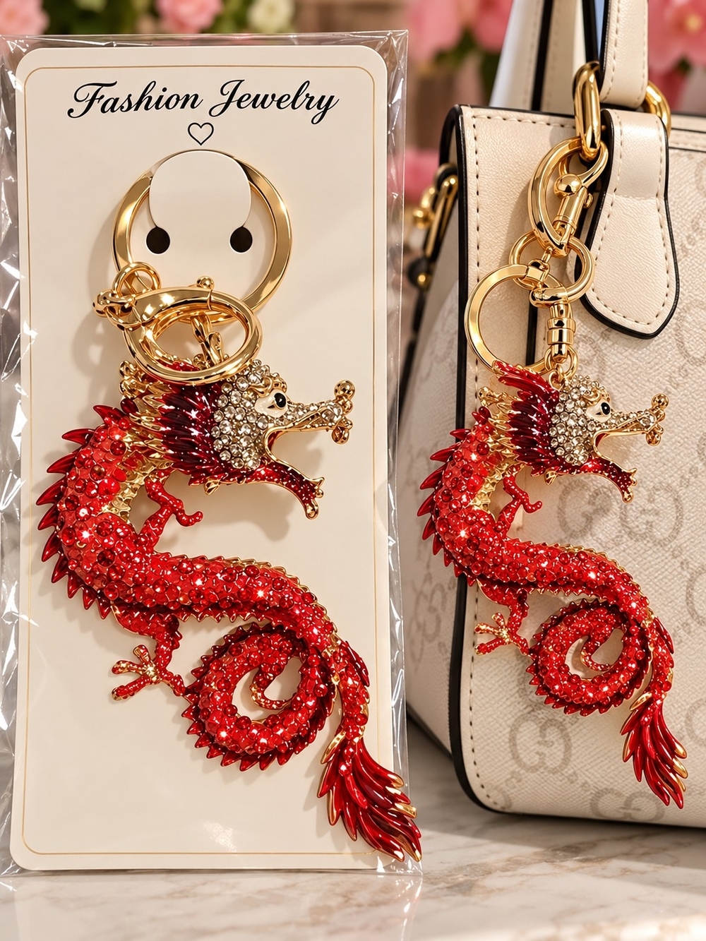 Fashion Jewelry Red Dragon Keychain Bag Charm - Unbranded
